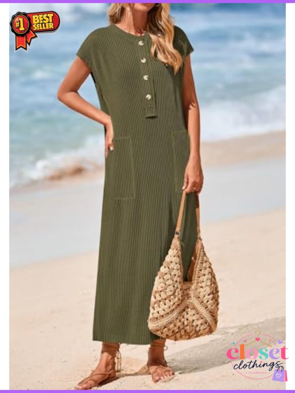 Ribbed Knit Short Sleeve Maxi Dress with Pockets - Picture 3 of 6
